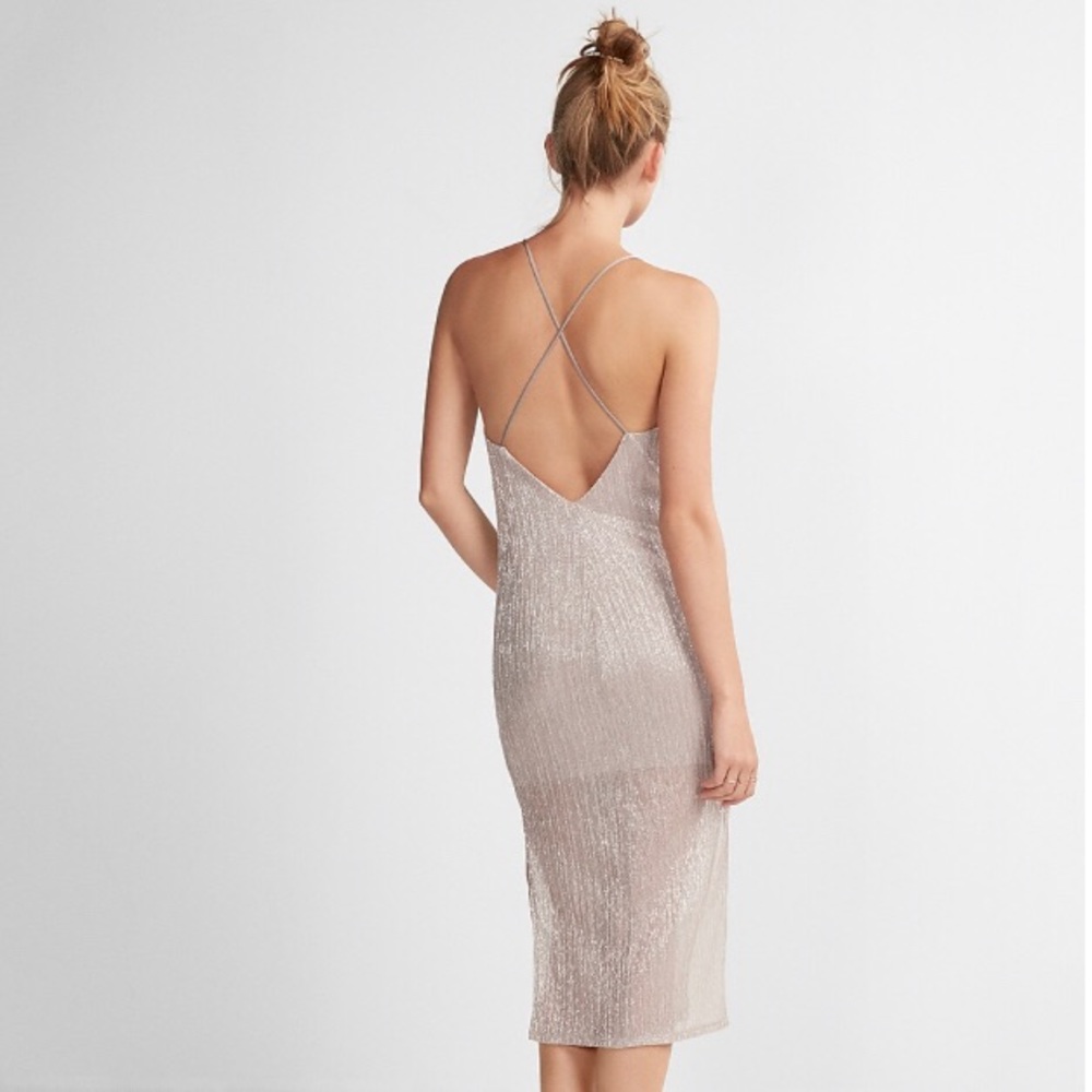 Sparkly pleated deep v-neck sheath dress